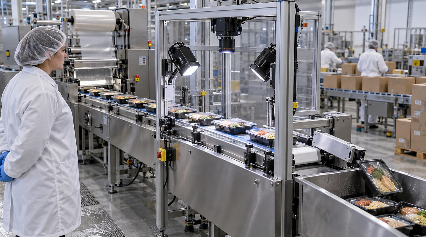Sealed food trays passing under controlled lighting and cameras with a downstream reject lane in an operating packaging line.